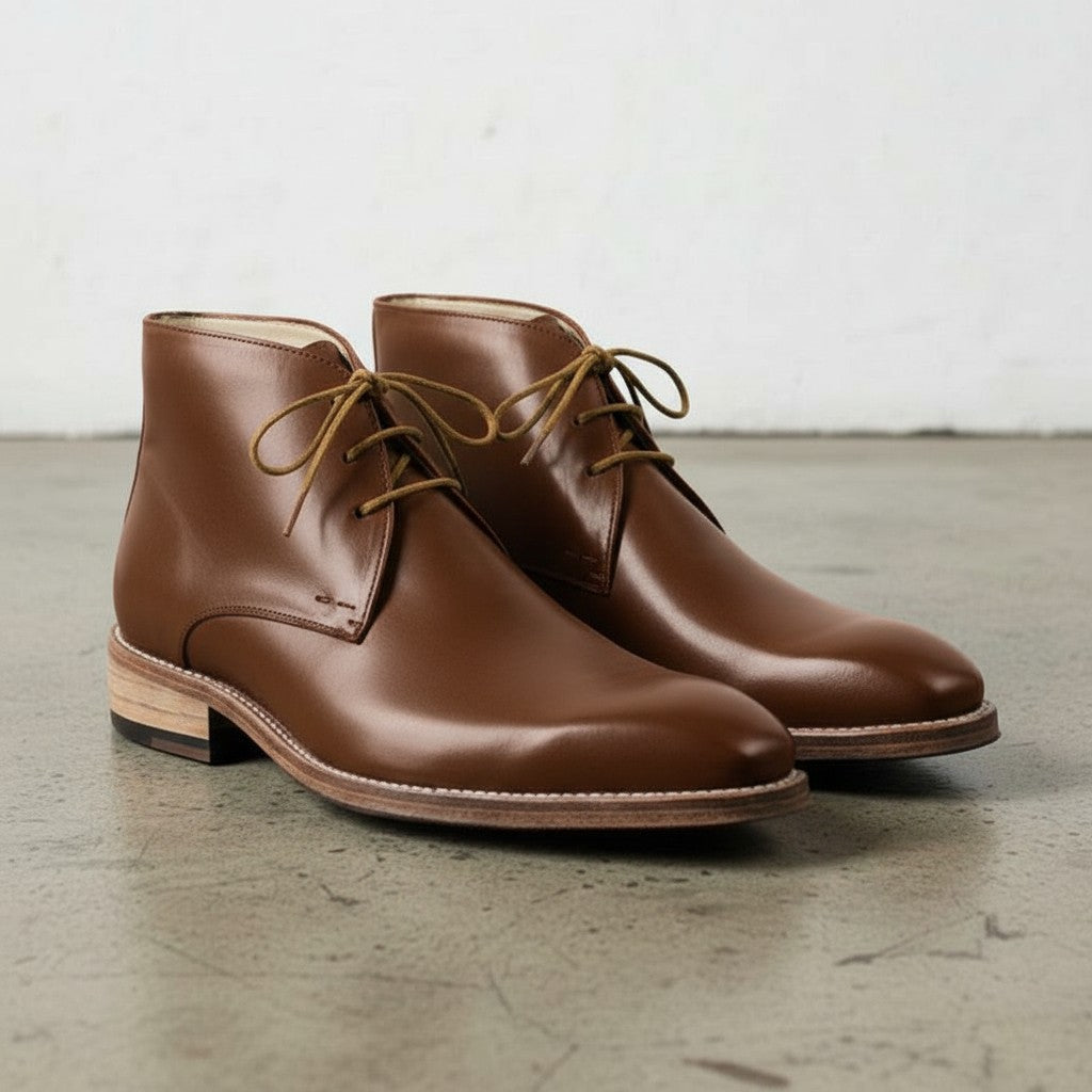 Men's Antique Brown Plain-Toe Leather Chukka Boots — Hussell