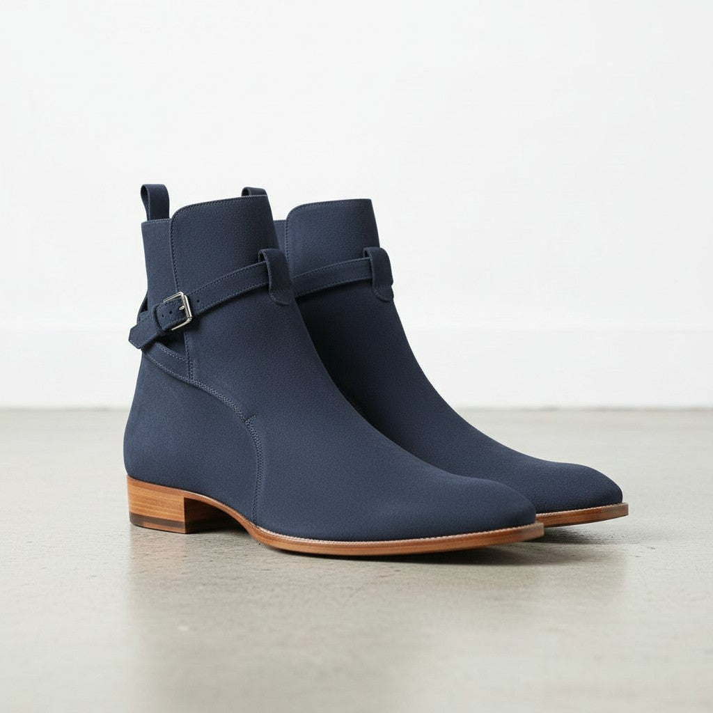 Men's Navy Blue Suede Buckle Ankle Boots — Hampton