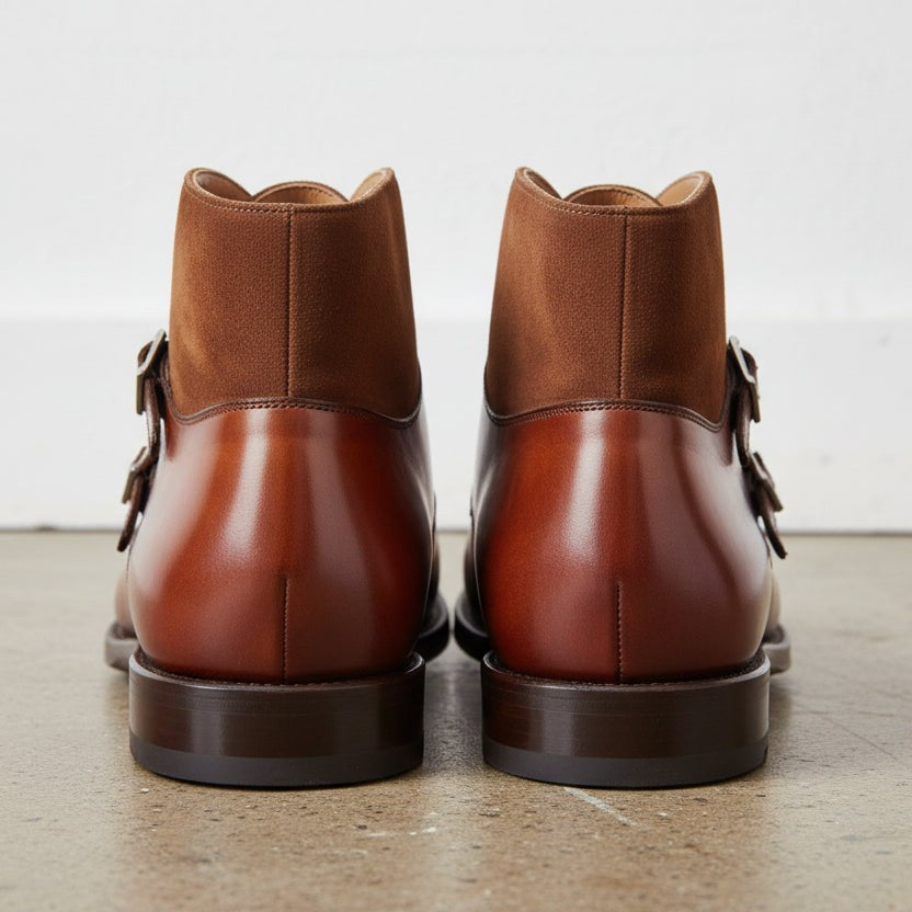 Men's Brown and Tan Cap-Toe Leather Double Monk Strap Chukka Boots — Deby