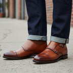 Men's Brown and Tan Cap-Toe Leather Double Monk Strap Chukka Boots — Deby