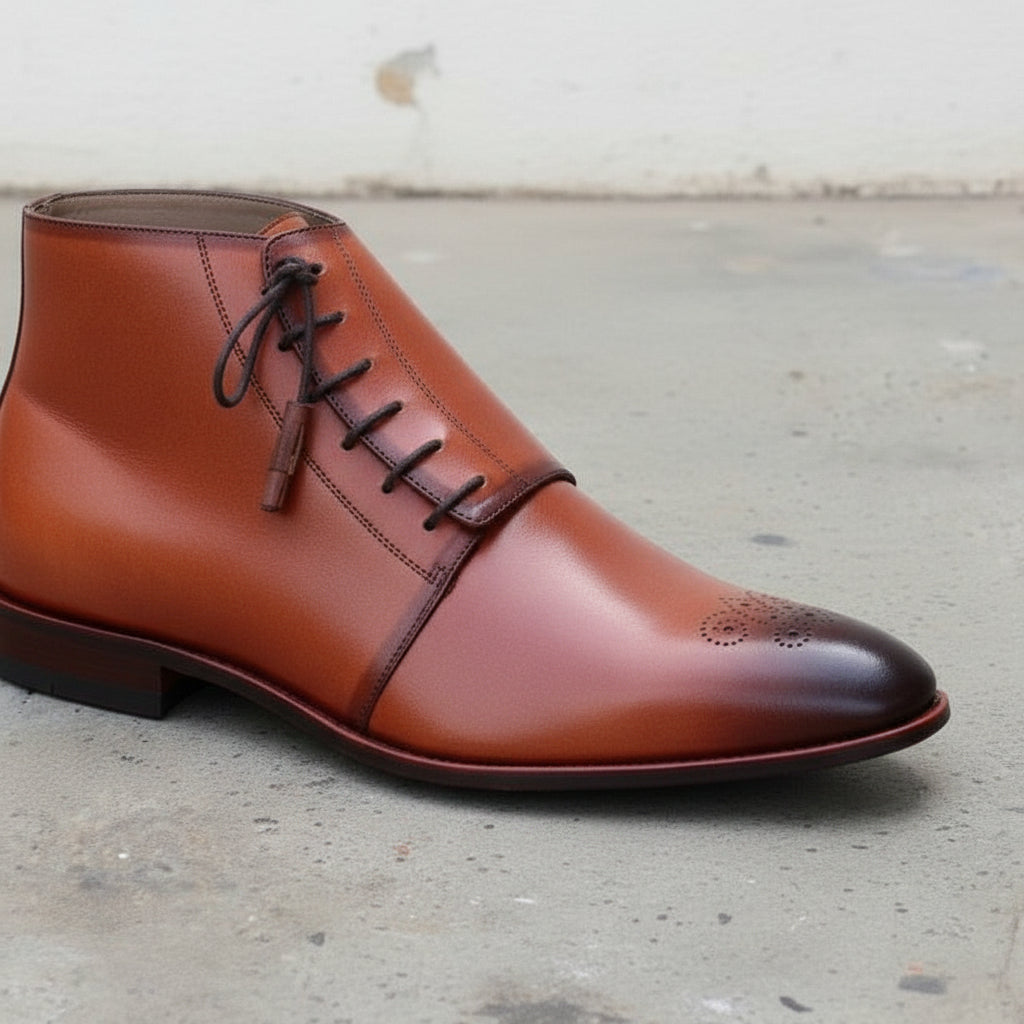 Men's Cognac and Dark Brown Plain-Toe Leather Chukka Boots — Goldam