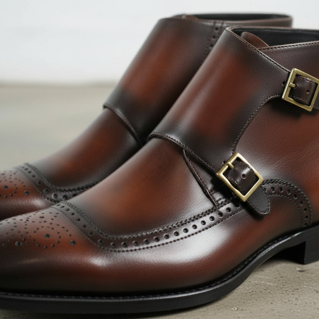 Men's Reddish-Brown and Brown Cap-Toe Leather Double Monk Strap Chukka Boots — Marchington