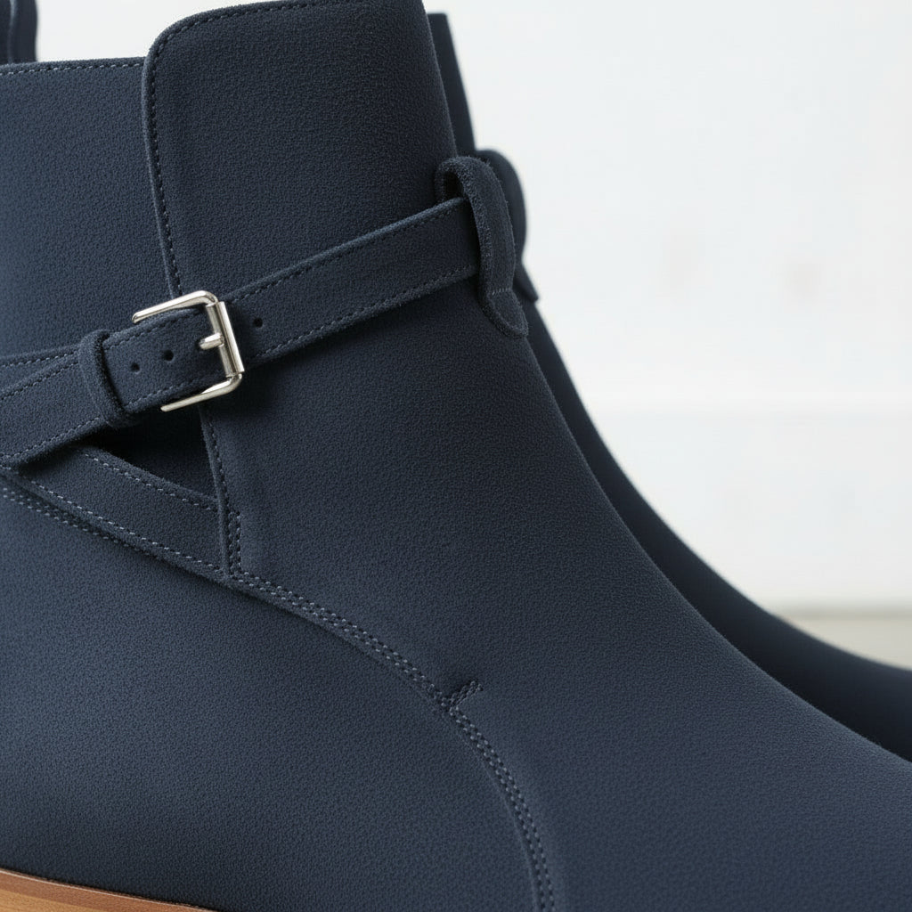 Men's Navy Blue Suede Buckle Ankle Boots — Hampton