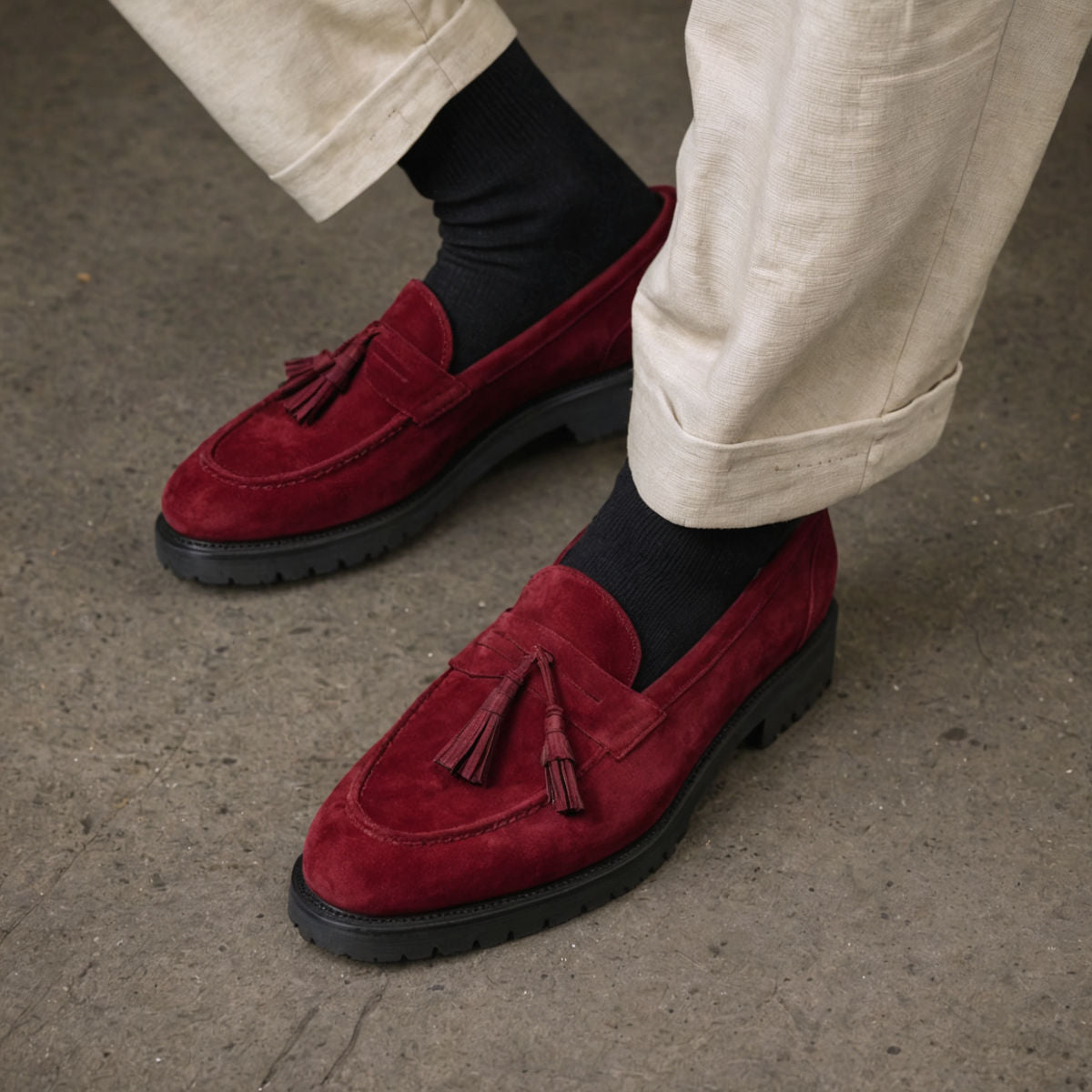 Burgundy Suede Belize Chunky Tassel Loafers - With Track Soles
