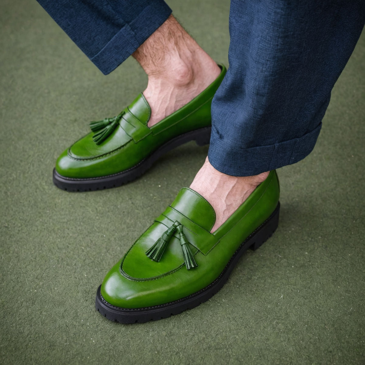 Green Leather Belize Chunky Tassel Loafers - With Track Soles