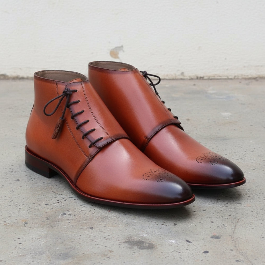Men's Cognac and Dark Brown Plain-Toe Leather Chukka Boots — Goldam