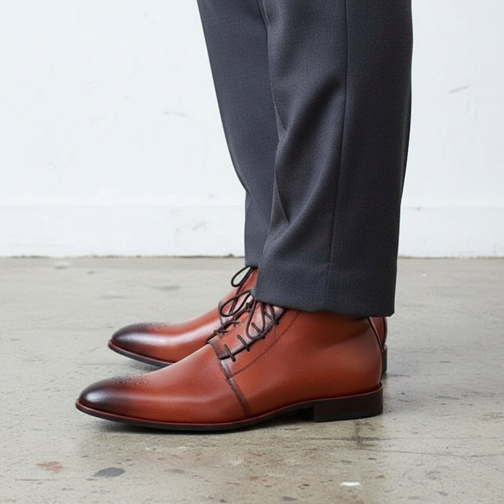 Men's Cognac and Dark Brown Plain-Toe Leather Chukka Boots — Goldam