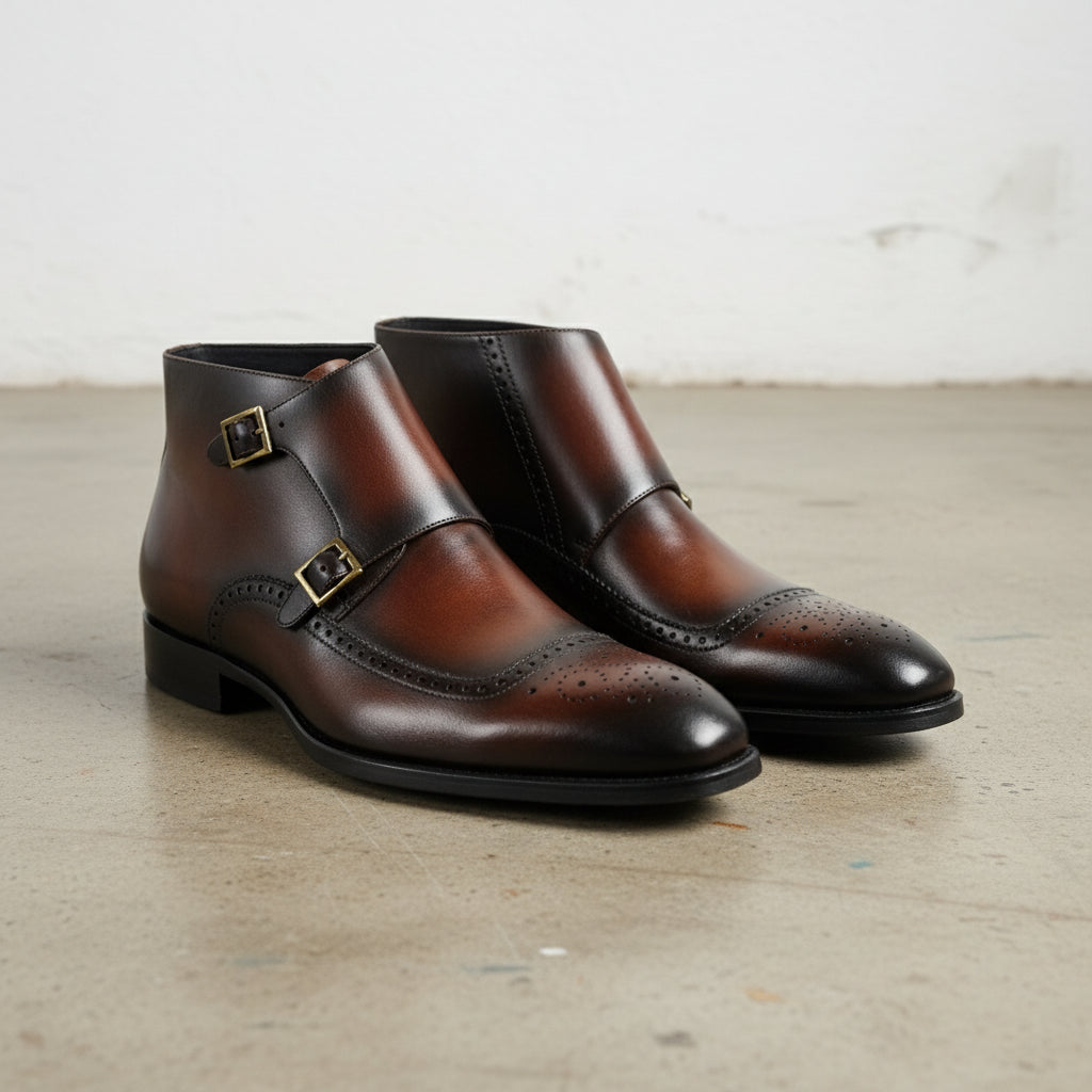 Men's Reddish-Brown and Brown Cap-Toe Leather Double Monk Strap Chukka Boots — Marchington