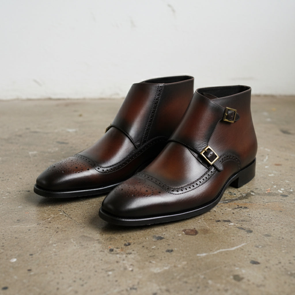 Men's Reddish-Brown and Brown Cap-Toe Leather Double Monk Strap Chukka Boots — Marchington