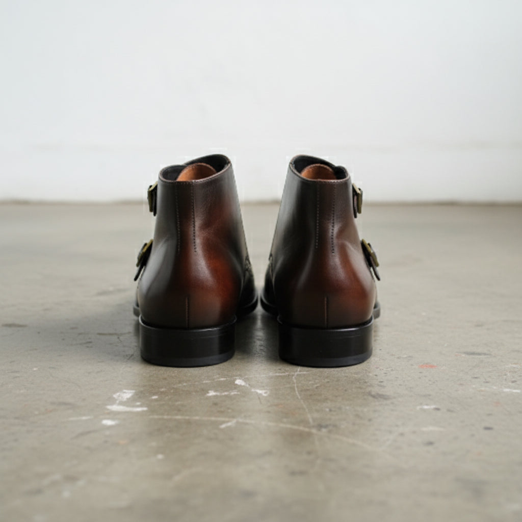 Men's Reddish-Brown and Brown Cap-Toe Leather Double Monk Strap Chukka Boots — Marchington