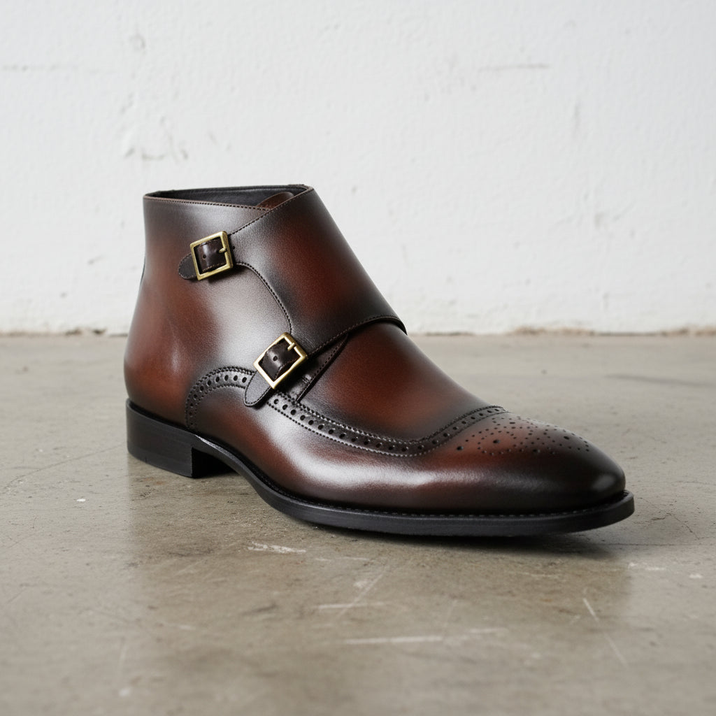 Men's Reddish-Brown and Brown Cap-Toe Leather Double Monk Strap Chukka Boots — Marchington