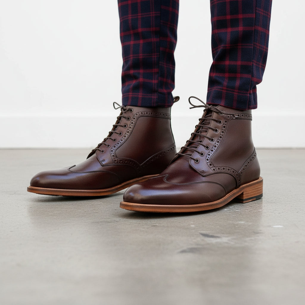 Men's Brown Wingtip Leather Derby Ankle Boots — Vatton