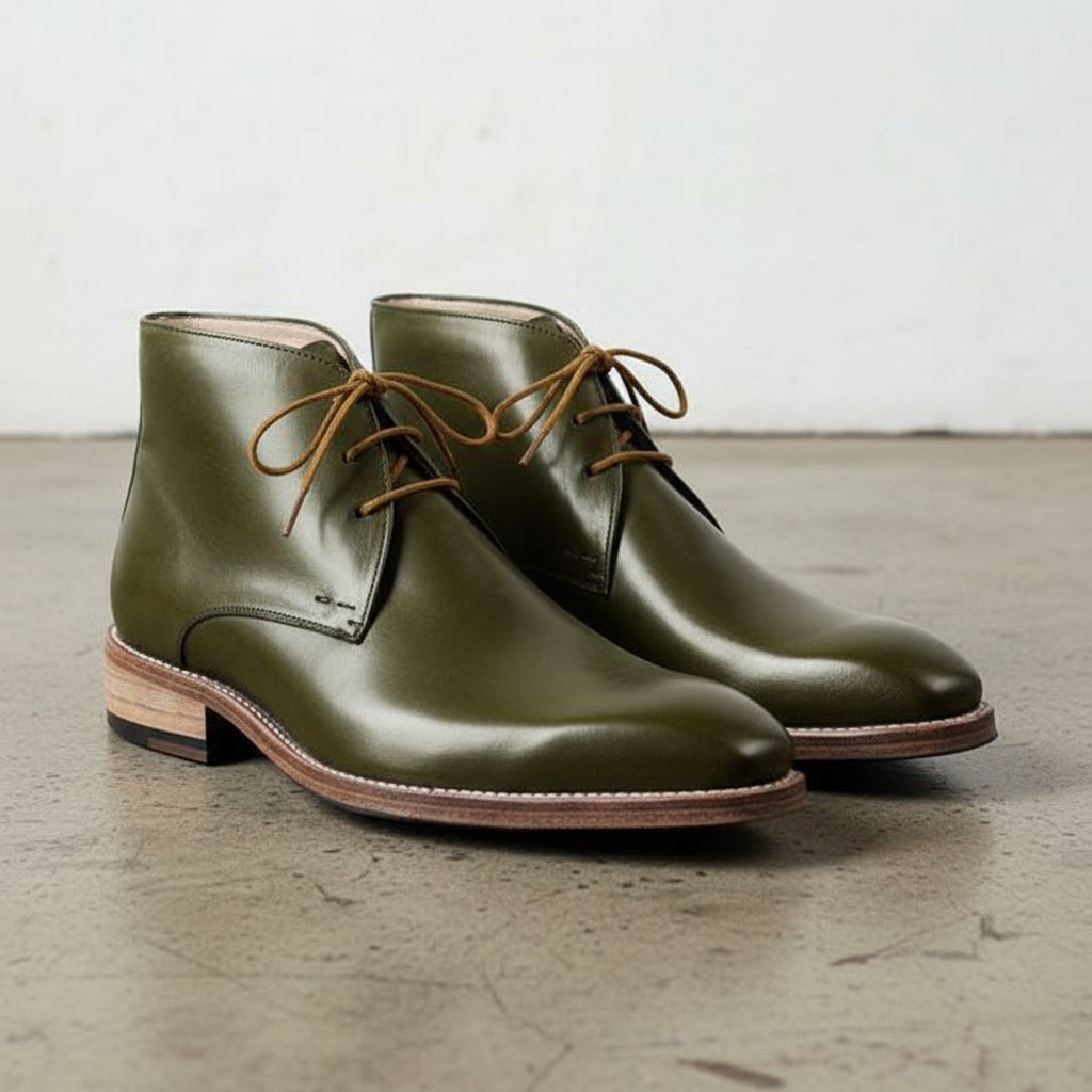 Men's Olive Green Plain-Toe Leather Chukka Boots — versel