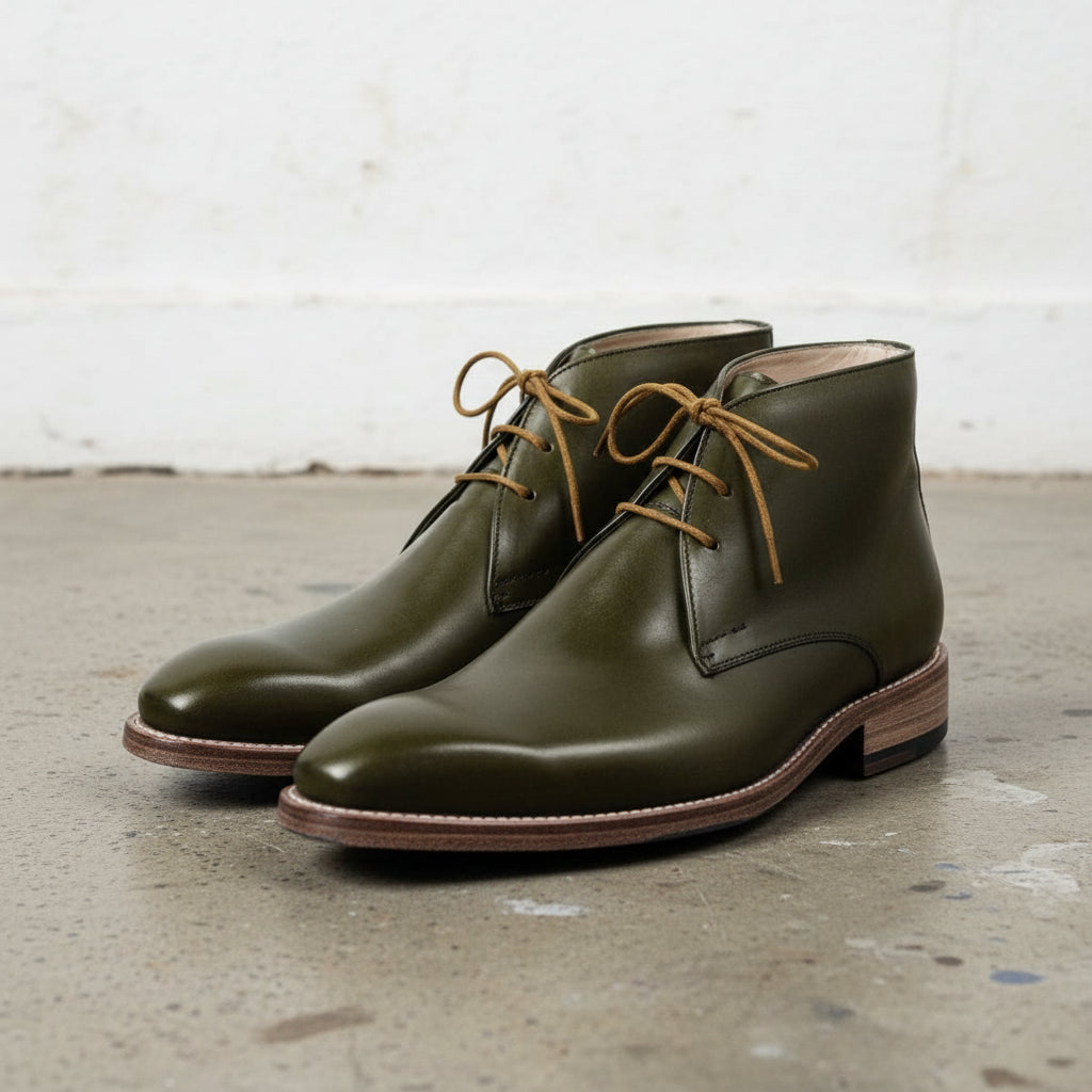 Men's Olive Green Plain-Toe Leather Chukka Boots — versel