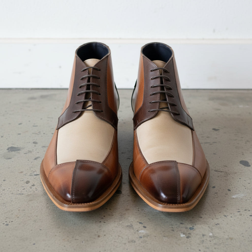 Men's Brown and Beige Cap-Toe Leather Derby Boots — hulton