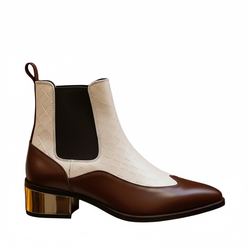 Luxury Dual-Tone Croco Leather Chelsea Boots with Metallic Gold Heel