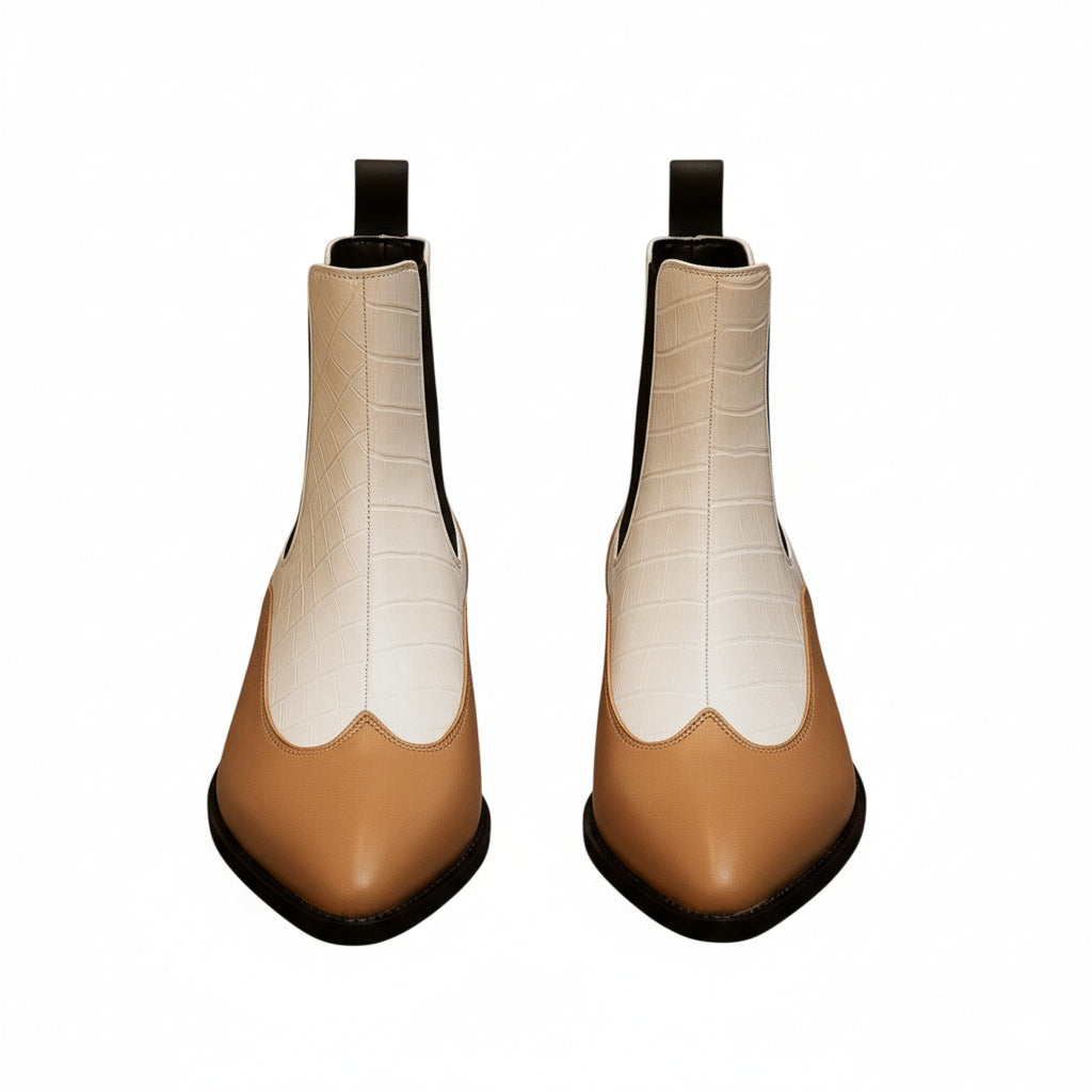 Luxury Dual-Tone Croco Leather Chelsea Boots with Metallic Gold Heel