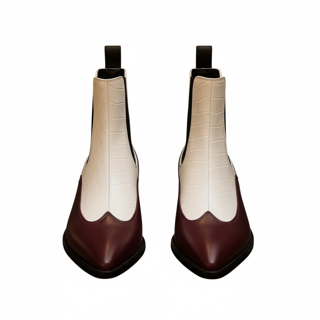 Luxury Dual-Tone Croco Leather Chelsea Boots with Metallic Gold Heel