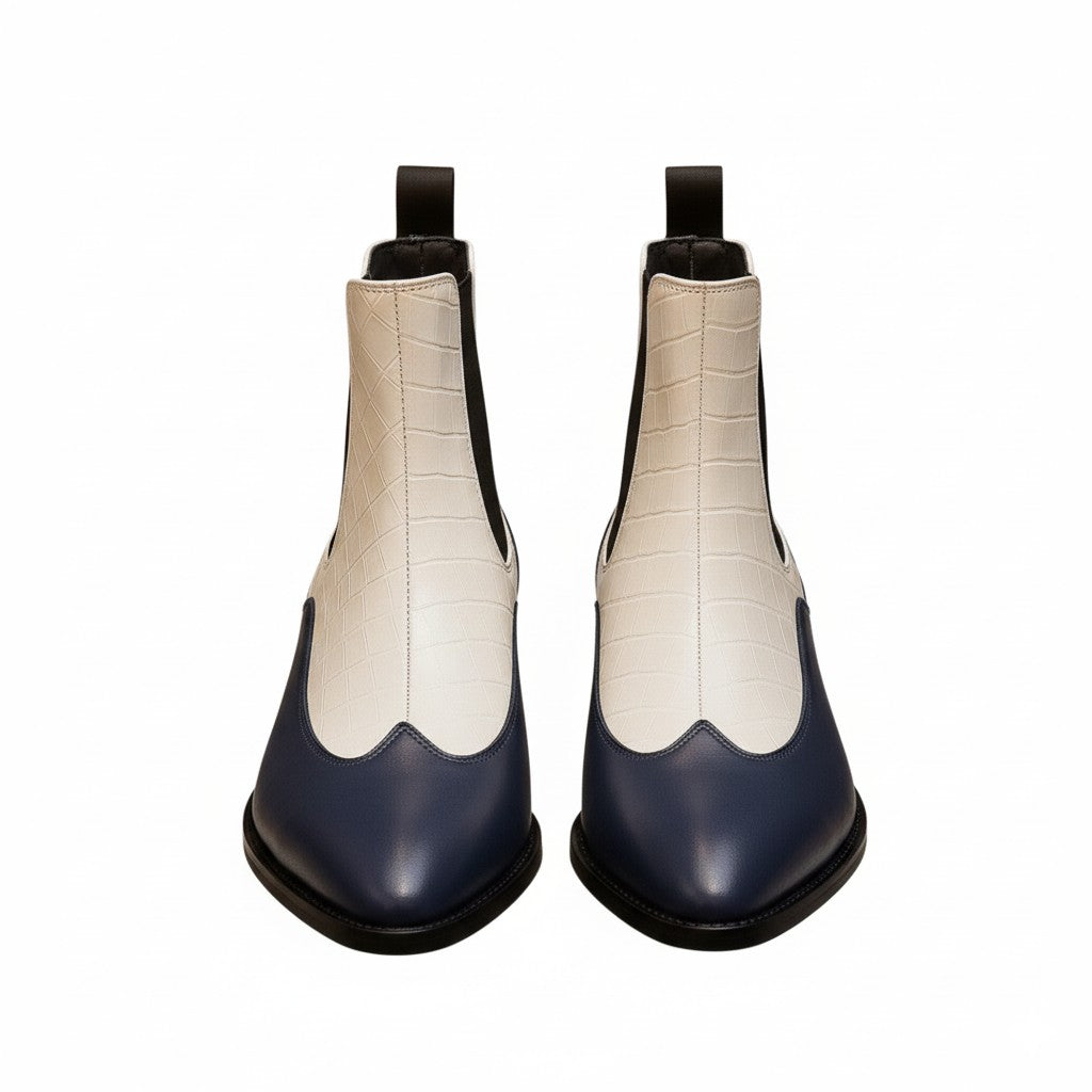 Luxury Dual-Tone Croco Leather Chelsea Boots with Metallic Gold Heel