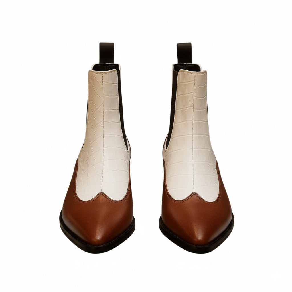 Luxury Dual-Tone Croco Leather Chelsea Boots with Metallic Gold Heel