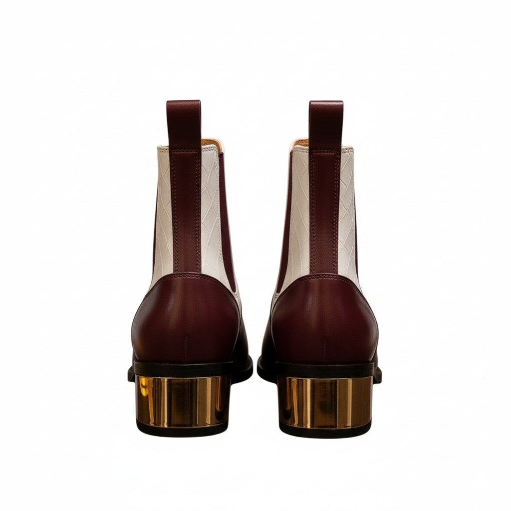 Luxury Dual-Tone Croco Leather Chelsea Boots with Metallic Gold Heel