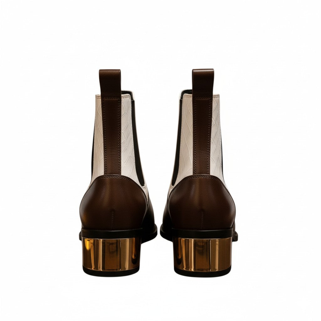 Luxury Dual-Tone Croco Leather Chelsea Boots with Metallic Gold Heel