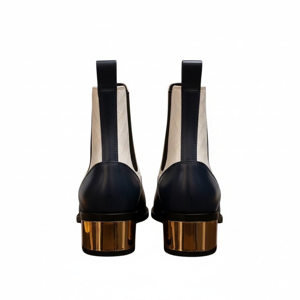 Luxury Dual-Tone Croco Leather Chelsea Boots with Metallic Gold Heel