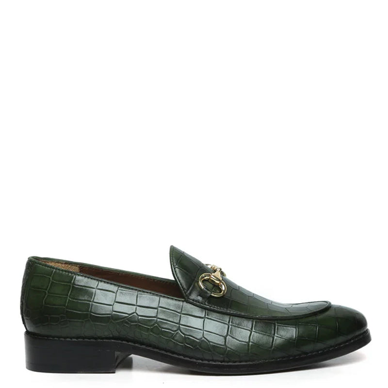 Croco Deep Cut Horse-bit Buckled Leather Dark Brown Loafer