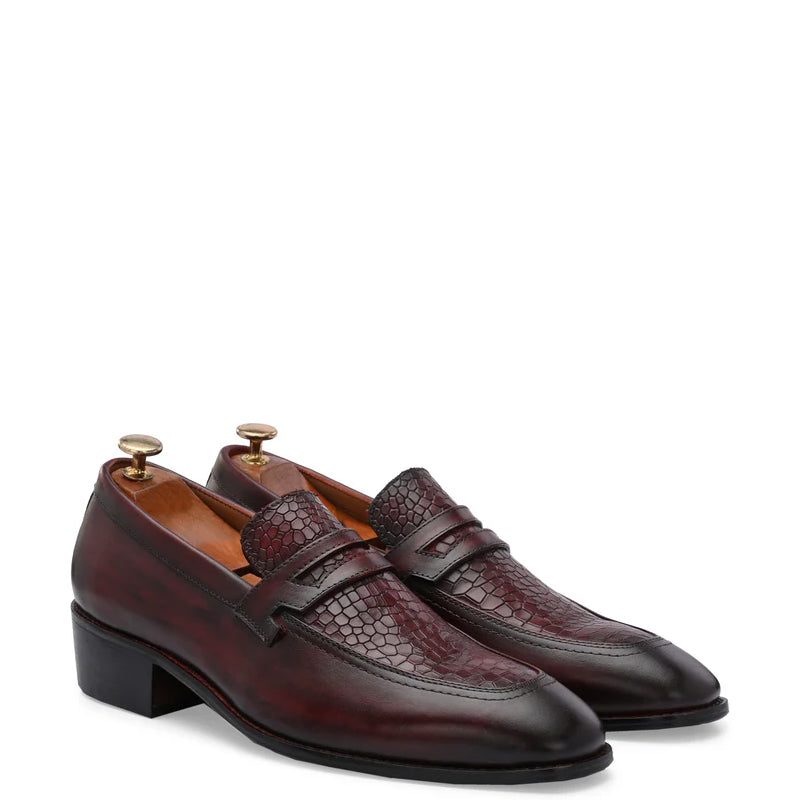 Luxury Croc Upper Cuban Heel Leather Burgundy Loafer