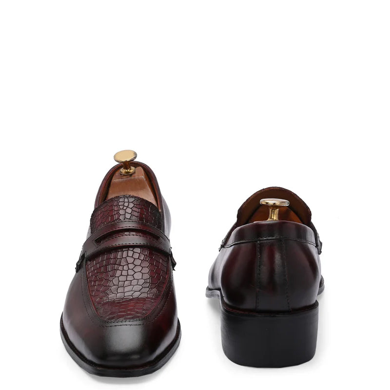 Luxury Croc Upper Cuban Heel Leather Burgundy Loafer