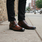 Men's Reddish-Brown and Brown Cap-Toe Leather Double Monk Strap Chukka Boots — Marchington