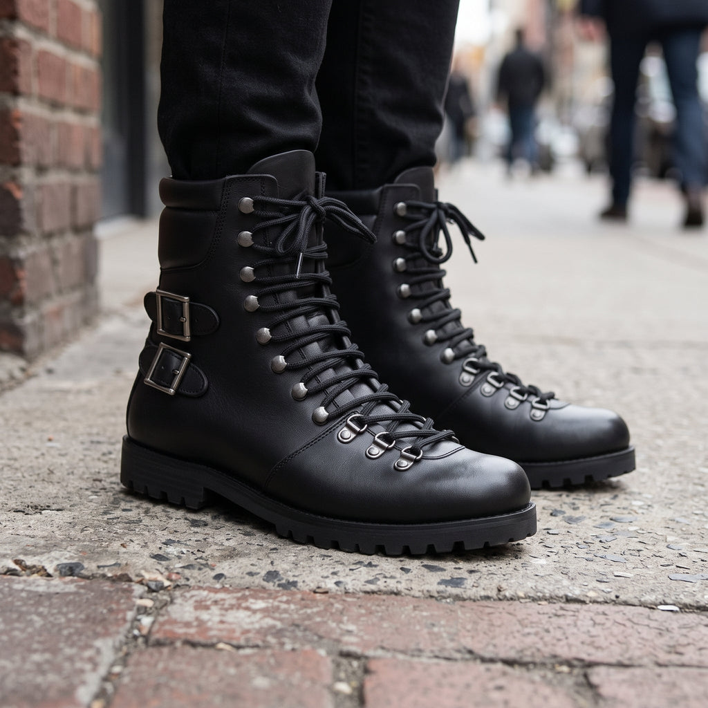 Men's Black Plain-Toe Leather Hiker Boots -