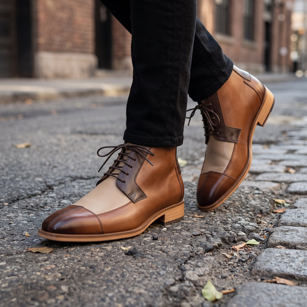 Men's Brown and Beige Cap-Toe Leather Derby Boots — hulton