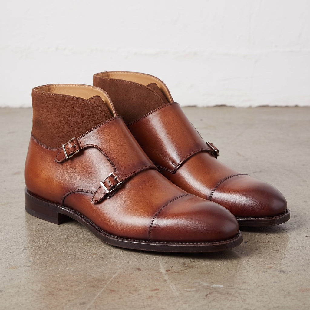 Men's Brown and Tan Cap-Toe Leather Double Monk Strap Chukka Boots — Deby