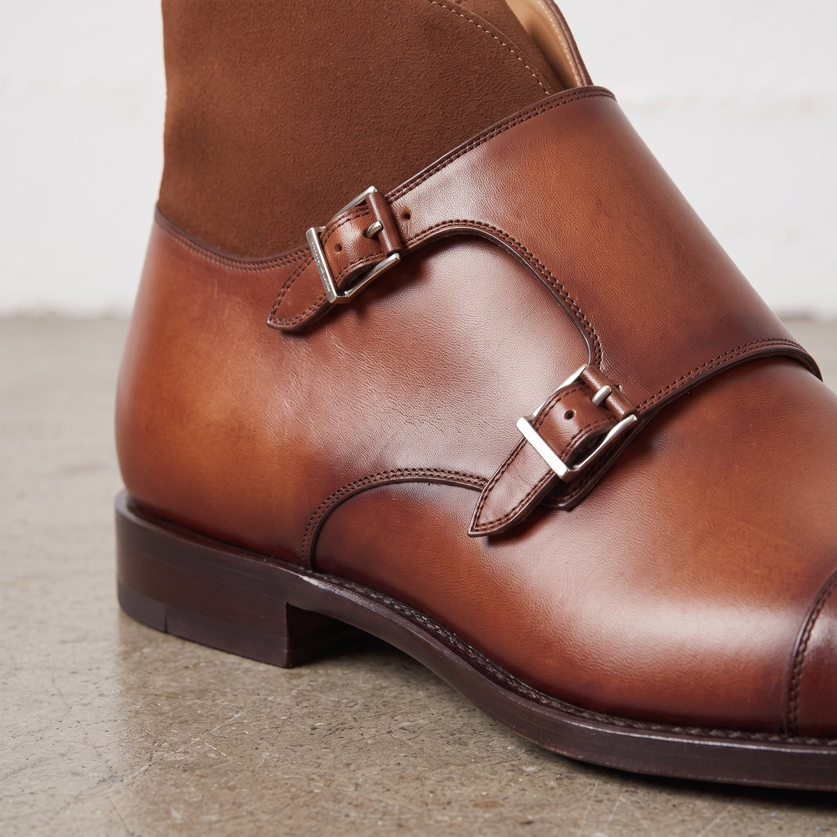 Men's Brown and Tan Cap-Toe Leather Double Monk Strap Chukka Boots — Deby