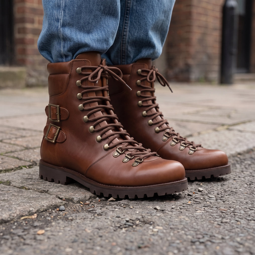 Men's Brown Plain-Toe Leather Hiker Boots —