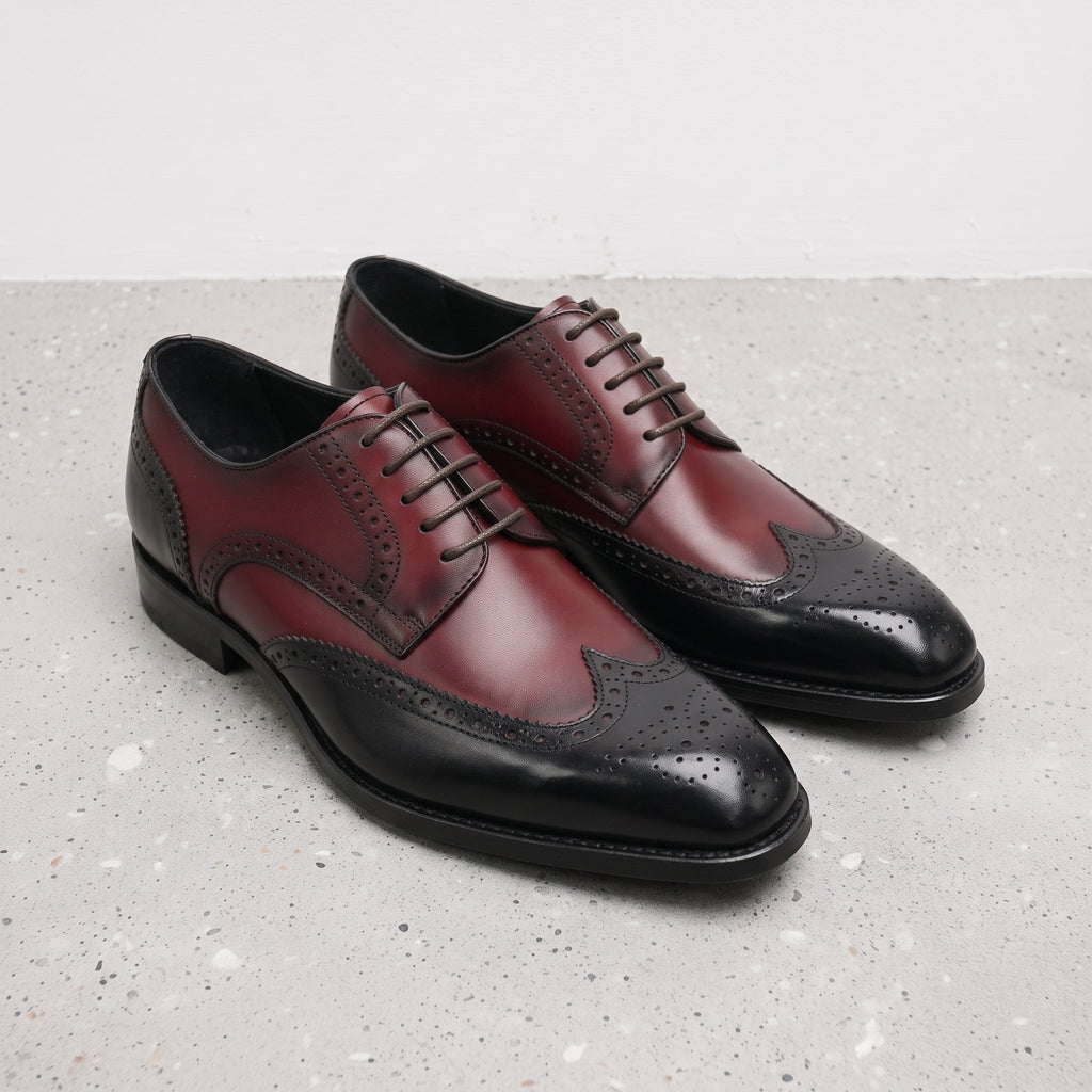 Men's Burgundy and Black Wingtip Leather Brogue Derbys — Hastley