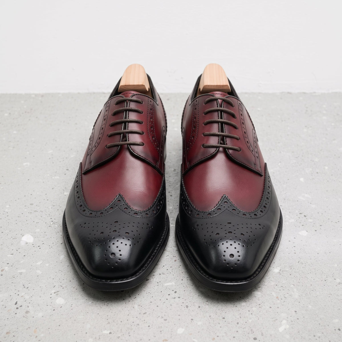 Men's Burgundy and Black Wingtip Leather Brogue Derbys — Hastley