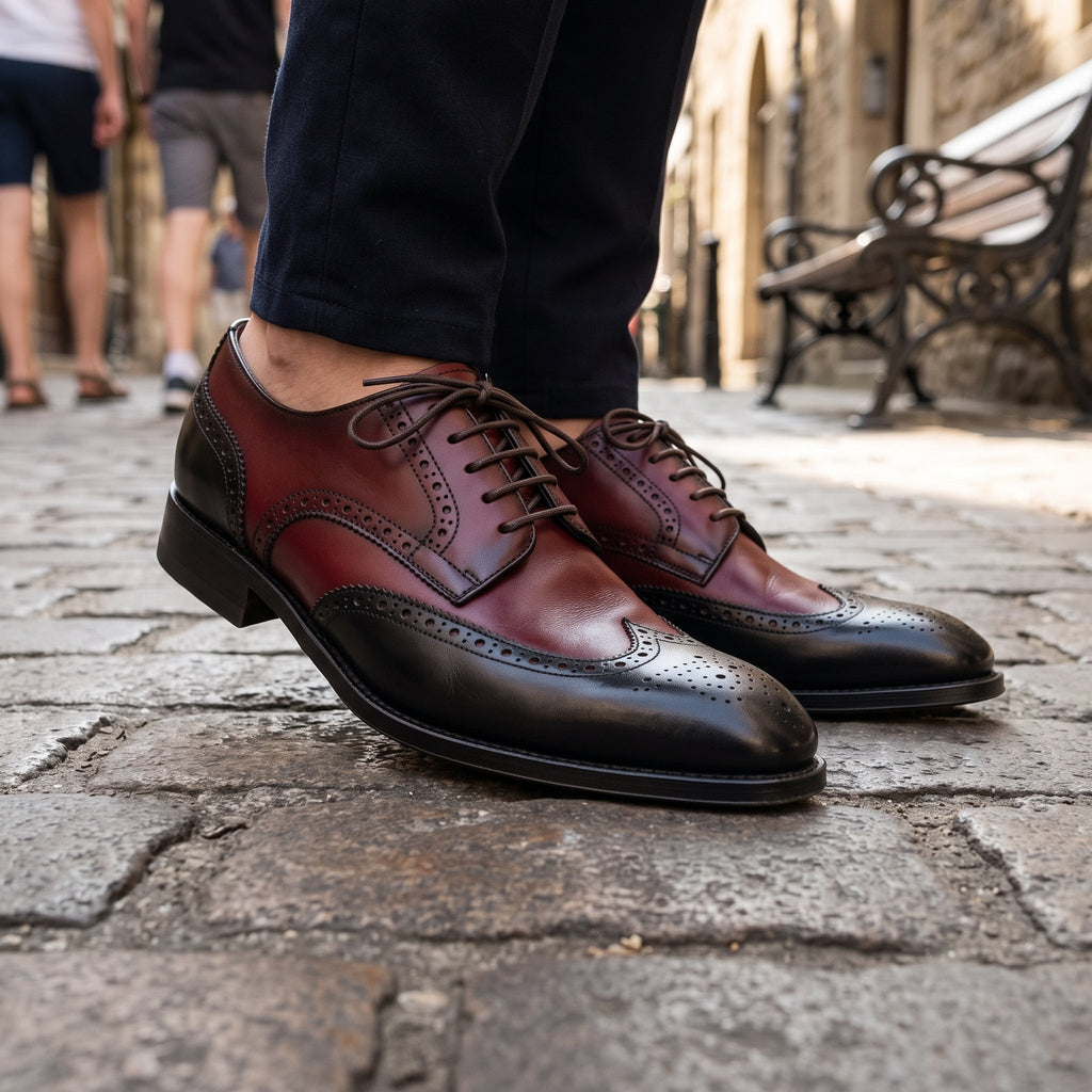 Men's Burgundy and Black Wingtip Leather Brogue Derbys — Hastley
