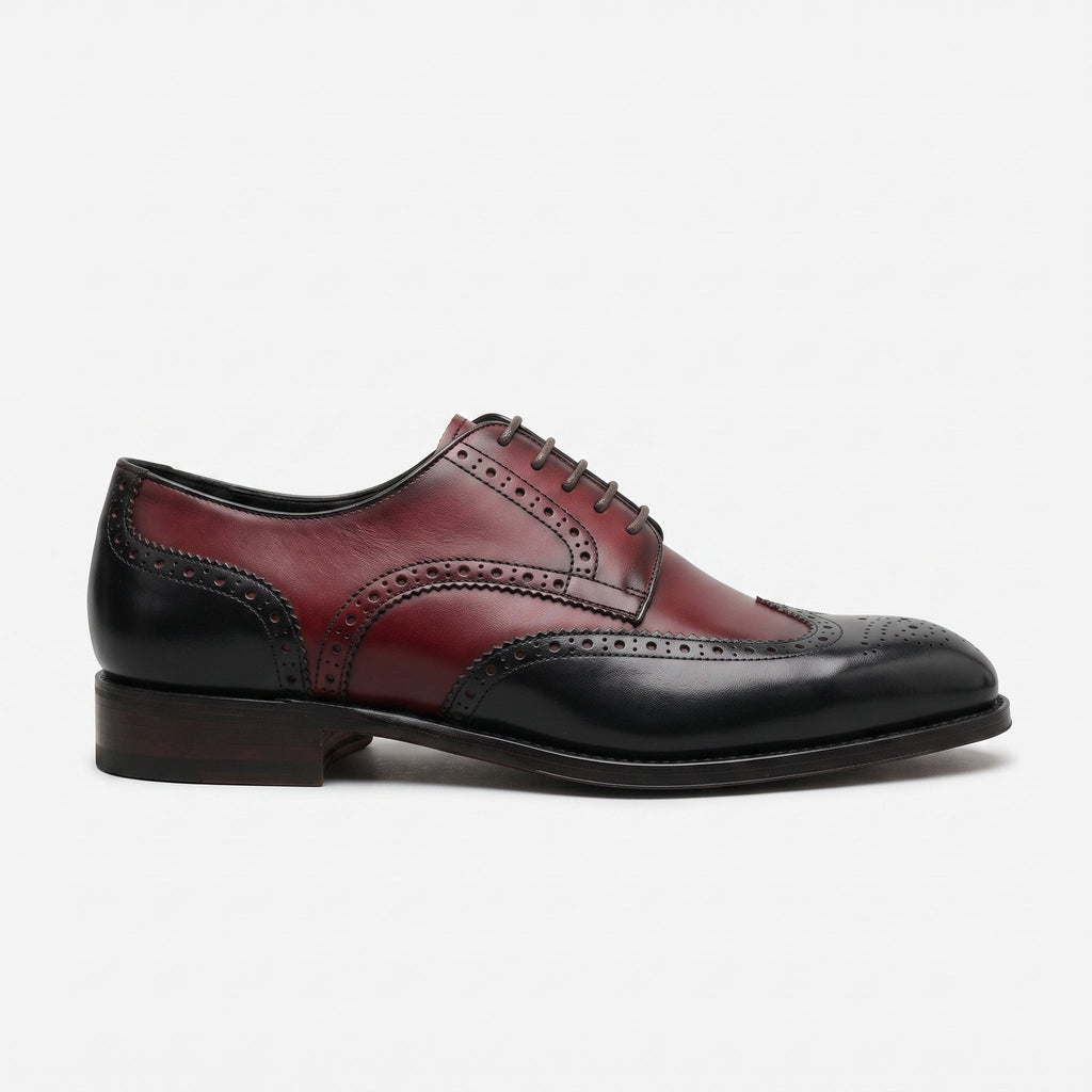 Men's Burgundy and Black Wingtip Leather Brogue Derbys — Hastley
