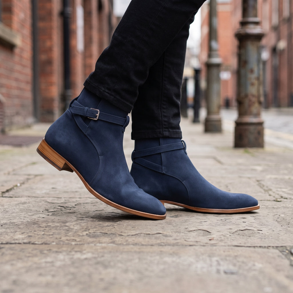 Men's Navy Blue Suede Buckle Ankle Boots — Hampton