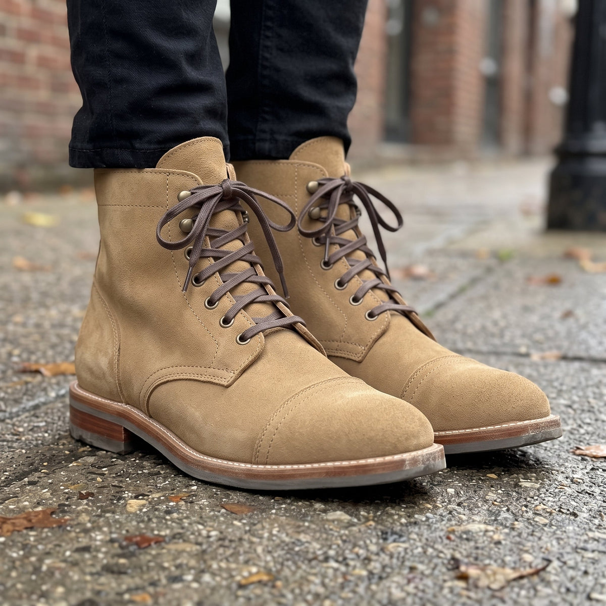 Men's Tan Cap-Toe Suede Ankle Lace-Up Boots — Mexley