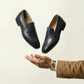 Navy Blue Leather Lucente Penny Loafer Shoes