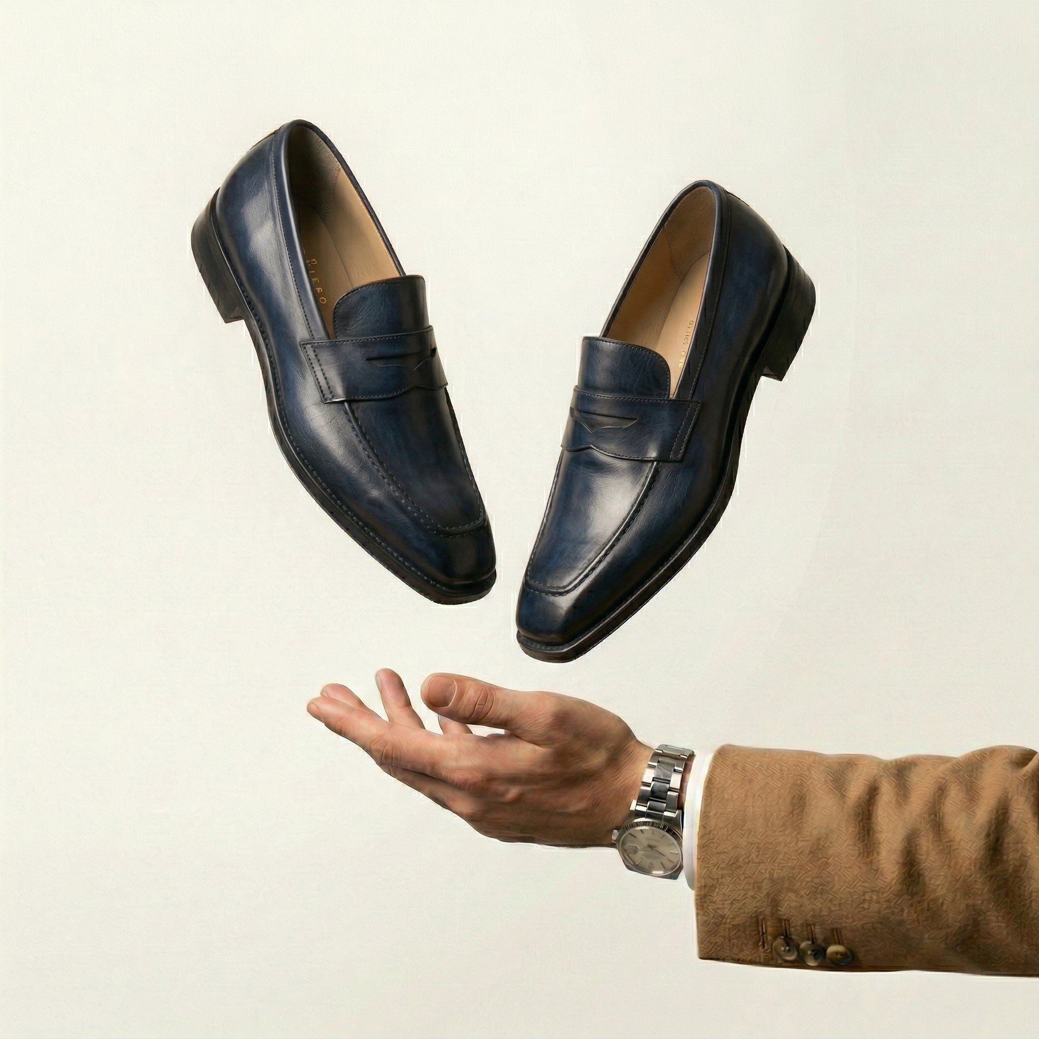 Navy Blue Leather Lucente Penny Loafer Shoes