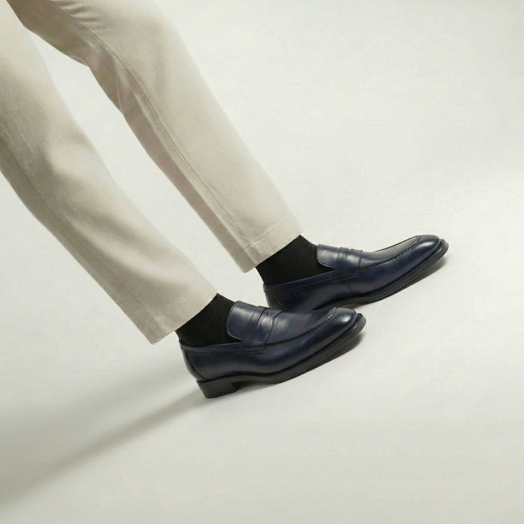 Navy Blue Leather Lucente Penny Loafer Shoes