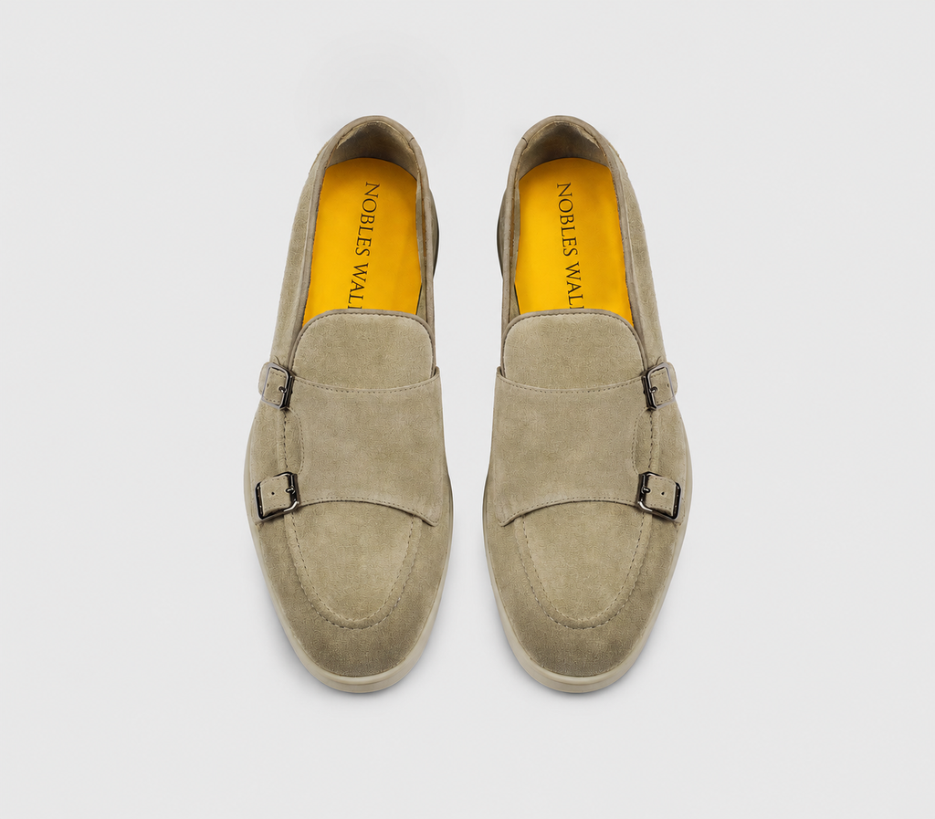 Sand-coloured suede double-buckle loafer