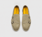 Sand-coloured suede double-buckle loafer