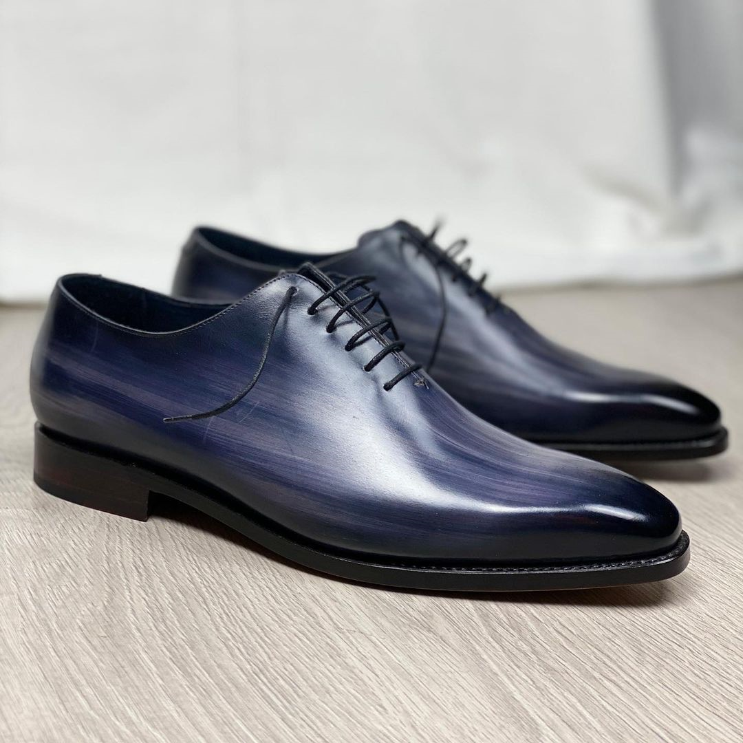 Luxury Edition - Artisian Made Thunder Blue Italian Leather Emmen Whole Cut Oxfords - Formal Shoes
